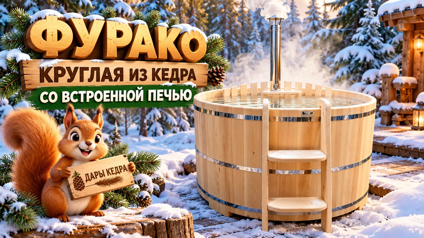 Фурако круглая из кедра со встроенной печью