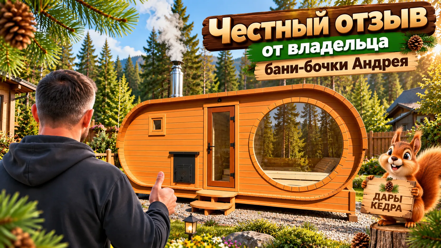 Отзыв на баня-бочка «Танк» из алтайского кедра размером 5,2х2,2 метра от нашего клиента Андрея из Бийска (Алтайский край)